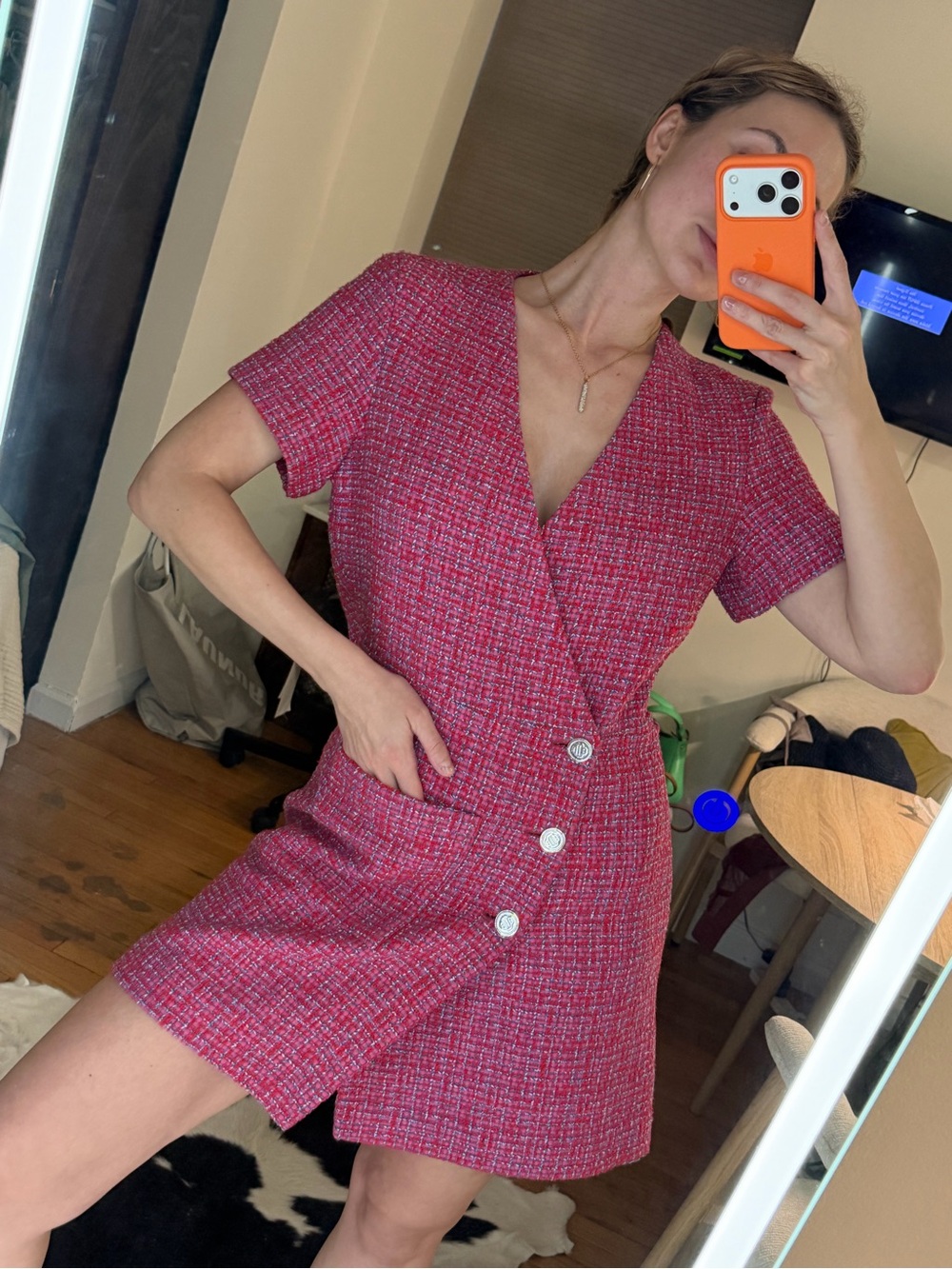 Maje Pink Tweed Short Wrap Dress with Buttons